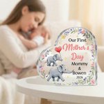 Personalised Cute Mom Baby Elephant Floral Acrylic Heart-Shaped Plaque with Name Home Decor First Mother's Day Gift for Mom Kid
