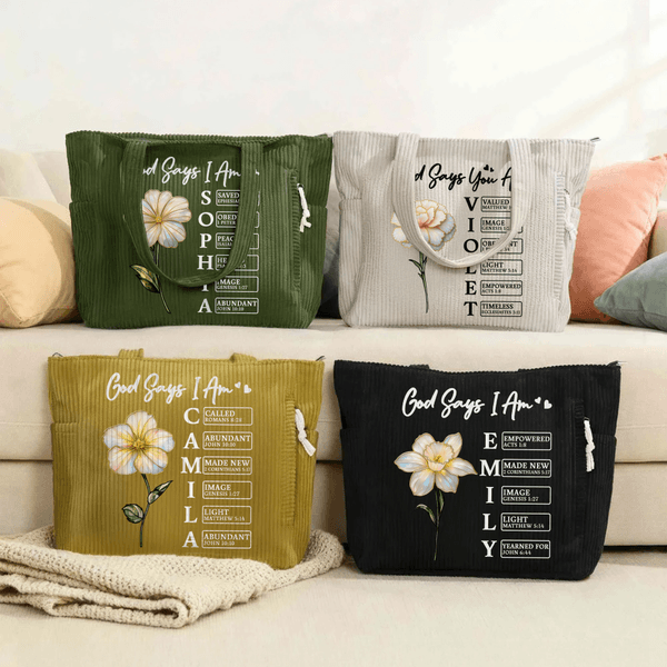 Personnalisé Dieu dit que vous êtes Perle Effet de naissance Fleur en velours côtelé Sac fourre-tout de grande capacité avec nom Cadeau d'anniversaire chrétien pour femme