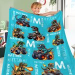 Personalized Multicolor Truck Dinosaur Soft Throw Blanket with Name and Initial Home Decor Birthday Gift for Kids Dinosaur Lovers