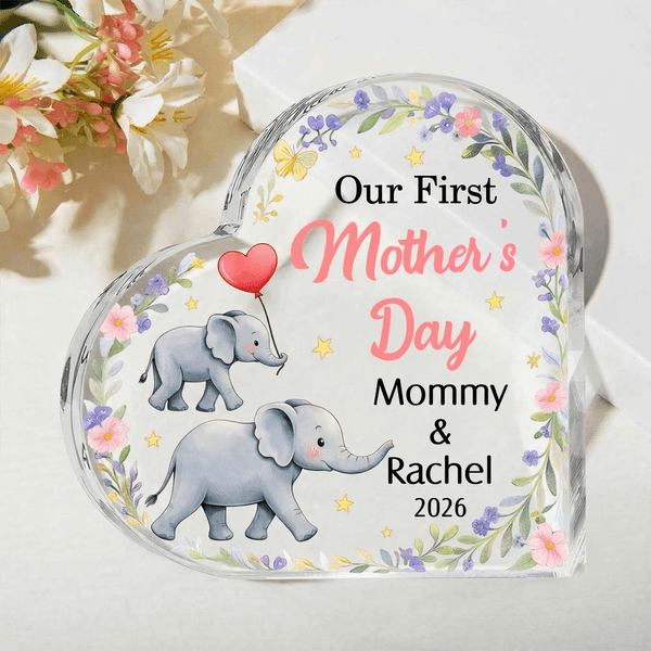 Personalized Cute Mom Baby Elephant Floral Acrylic Heart-Shaped Plaque with Name Home Decor First Mother's Day Gift for Mom Kid