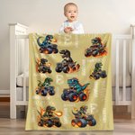 Personalized Multicolor Truck Dinosaur Soft Throw Blanket with Name and Initial Home Decor Birthday Gift for Kids Dinosaur Lovers