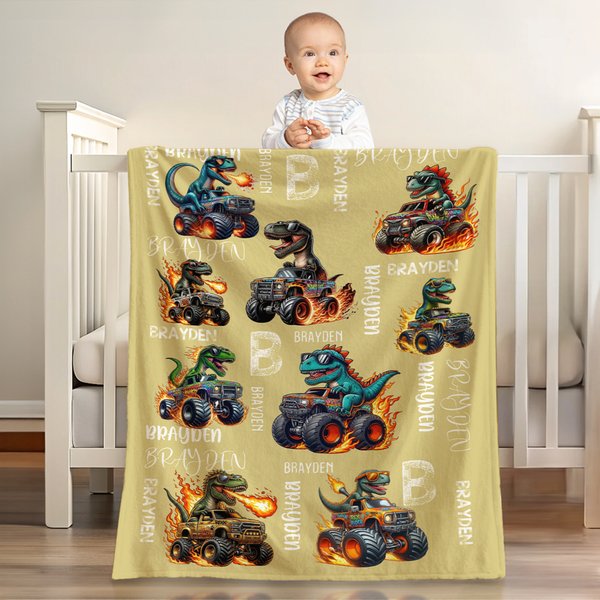 Personalised Multicolour Lorry Dinosaur Soft Throw Blanket with Name and Initial Home Decor Birthday Gift for Kids Dinosaur Lovers