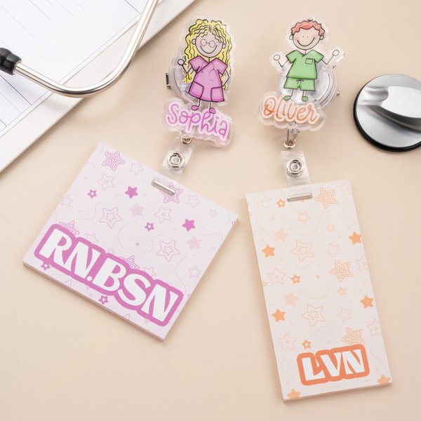 Personalized Cartoon Nurse Simple Line Drawing Acrylic ID Badge Reel with Name Nurse Appreciation Birthday Gift for Nurse Doctor Medical Staff
