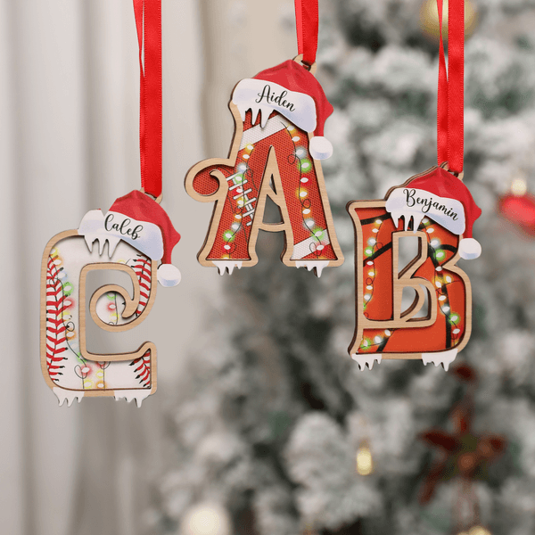 Personalised Santa Hat Sports Ball Initial 3D Layered Wooden Ornament with Name Home Tree Decor Christmas Athlete Gift for Ball Sports Lovers
