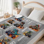 Personalized Multicolor Truck Dinosaur Soft Throw Blanket with Name and Initial Home Decor Birthday Gift for Kids Dinosaur Lovers