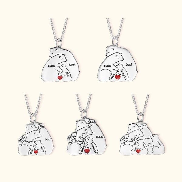 Personalized Hugging Bear Family Necklace with Baby Bears Love Heart and Engraved Names Mother's Day Father's Day Gift for Parent Grandparent