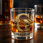 Personalized Gold Cool Fishing Initial 10 oz Rock Whiskey Glass with Name Father's Day Birthday Gift for Man Whiskey Lover Fishing Enthusiast