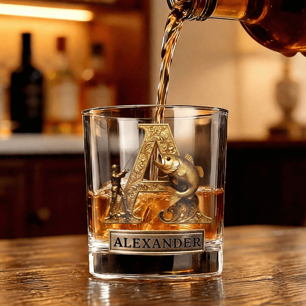Personalised Gold Cool Fishing Initial 10 oz Rock Whiskey Glass with Name Father's Day Birthday Gift for Man Whiskey Lover Fishing Enthusiast
