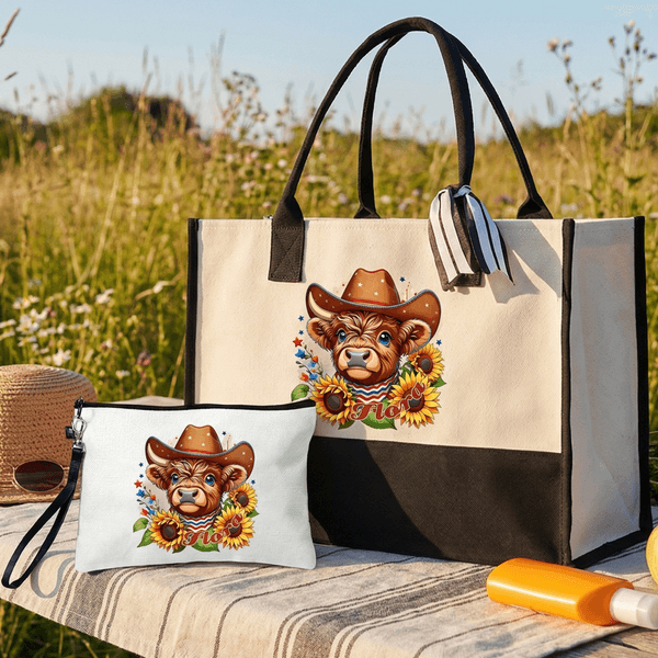 Personalizada American Highland Vaca Girasol Gran Capacidad Bolsa Tote Bolsa de Maquillaje Portátil con Nombre American Independence Day Regalo para Ella