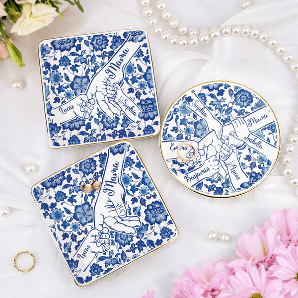 Personalised Chinoiserie Flower Hands in Hands Ceramic Trinket Jewellery Dish with 1-10 Names Mother's Day Birthday Gift for Mom Grandma