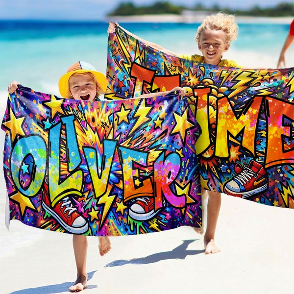 Toalla de playa personalizada de secado rápido con graffiti de estrella de deporte y nombre regalo de fiesta y cumpleaños para niños y familia