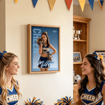 Personlig lerretstrykk med cheerleadingbilde og trykt glitter pluss navn og år som flott gave til kampdag eller sesongavslutning