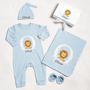 Personalisierte Babykleidung mit Tiermotiv & Namen | 100% Baumwolle | Strampler | Mütze & Decke wählbar | Geburt & Babyparty Geschenk für Neugeborene
