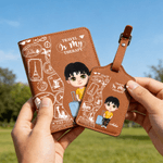 Personalized Cute Cartoon Character Travel Theme Passport Holder Luggage Tag with Name and Quote Travel Holiday Gift for Travel Lovers Friends
