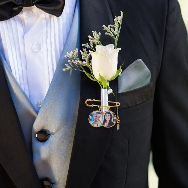 Personalized 1-5 Photos Lapel Brooch Pin with Name Pendant Engagement Wedding Gift for Bride Groom Father