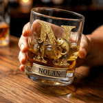Personalized Gold Cool Fishing Initial 10 oz Rock Whiskey Glass with Name Father's Day Birthday Gift for Man Whiskey Lover Fishing Enthusiast