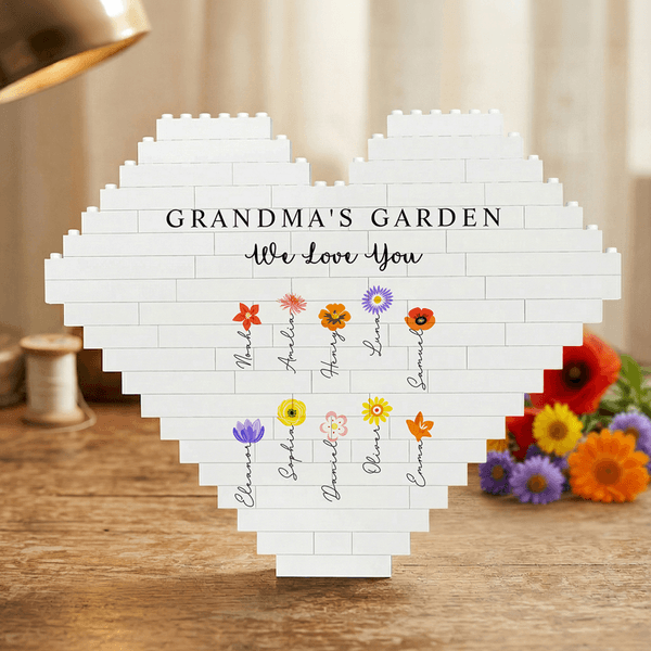 Personalised Grandma's Garden Birth Flower Heart Building Brick Puzzles with Names Text and Title Mother's Day Gift for Mom Grandma