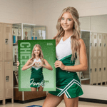 Personlig lerretstrykk med cheerleadingbilde og trykt glitter pluss navn og år som flott gave til kampdag eller sesongavslutning