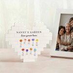 Puzzle di mattoncini da costruzione personalizzati con nome, testo e titolo per la festa della mamma, per il giardino della nonna, per il fiore della nascita e per il cuore.