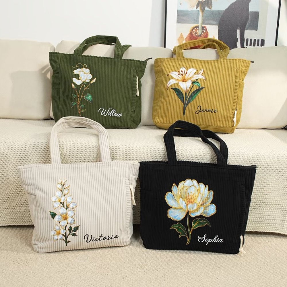 Personalized Birth Flower Large Capacity Corduroy Tote Bag with Name Daily Use Commuting Travel Birthday Gift for Women Office Workers 3