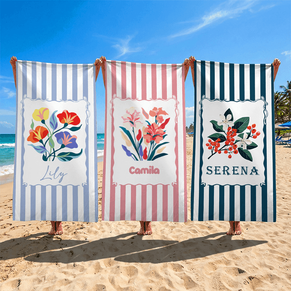 Personalised Birth Flower Striped Oversized Quick-Dry Beach Towel with Name and Drawstring Bag Beach Party Birthday Gift for Mom Girlfriend