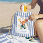 Gepersonaliseerde sneldrogende strandhanddoek met geboortebloem en streepdesign met trekkoordtas strandfeest verjaardagscadeau voor moeder en vriendin