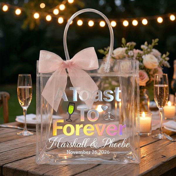 Borsa regalo personalizzata A Toast To Forever trasparente con nomi, data e nastro rosa Regalo di nozze di uso quotidiano per damigelle d'onore Sposi novelli