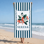 Gepersonaliseerde sneldrogende strandhanddoek met geboortebloem en streepdesign met trekkoordtas strandfeest verjaardagscadeau voor moeder en vriendin