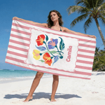 Gepersonaliseerde sneldrogende strandhanddoek met geboortebloem en streepdesign met trekkoordtas strandfeest verjaardagscadeau voor moeder en vriendin