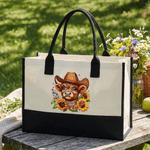 Personalized American Highland Cow Sunflower Large Capacity Tote Bag Portable Makeup Bag with Name American Independence Day Gift for Her
