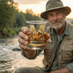 Personalized Gold Cool Fishing Initial 10 oz Rock Whiskey Glass with Name Father's Day Birthday Gift for Man Whiskey Lover Fishing Enthusiast