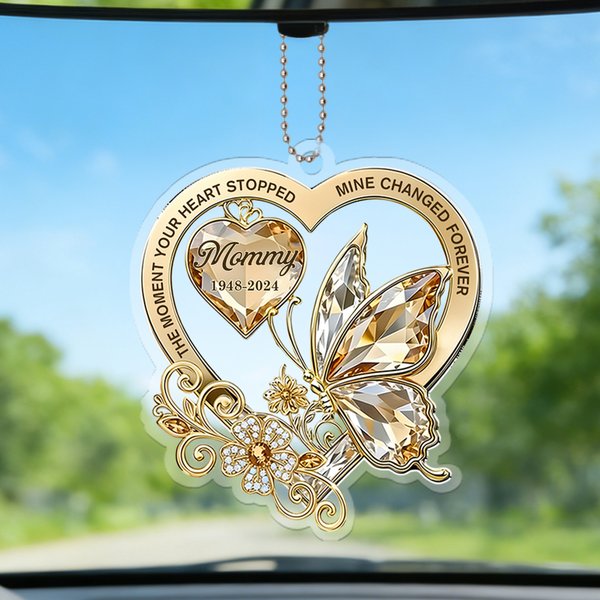 Personalized Floral Butterfly Heart-Shaped Acrylic Ornament with Title and Text Car Decor Memorial Gift for Family