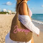 Personalised Multicolour Name Crochet Raffia Tote Bag Beach Vacation Bachelorette Party Birthday Gift for Her