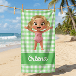 Asciugamano da spiaggia personalizzato a righe con personaggio dei cartoni animati, sovradimensionato e ad asciugatura rapida, con nome Regalo di compleanno per bambini e bambine.