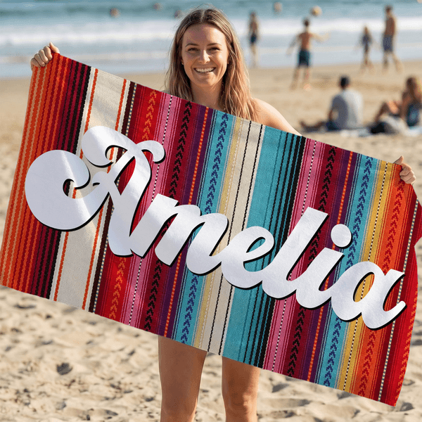 Serviette de plage en microfibre surdimensionnée à séchage rapide avec nom, style aztèque personnalisé Cadeau de vacances pour la famille et les amis
