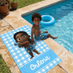 Asciugamano da spiaggia personalizzato a righe con personaggio dei cartoni animati, sovradimensionato e ad asciugatura rapida, con nome Regalo di compleanno per bambini e bambine.