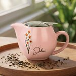 Personalized Birth Flower Ceramic Teapot with Name and Tea-Strainer Birthday Mother's Day Gift for Mom Grandma