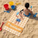 Asciugamano da spiaggia personalizzato a righe con personaggio dei cartoni animati, sovradimensionato e ad asciugatura rapida, con nome Regalo di compleanno per bambini e bambine.