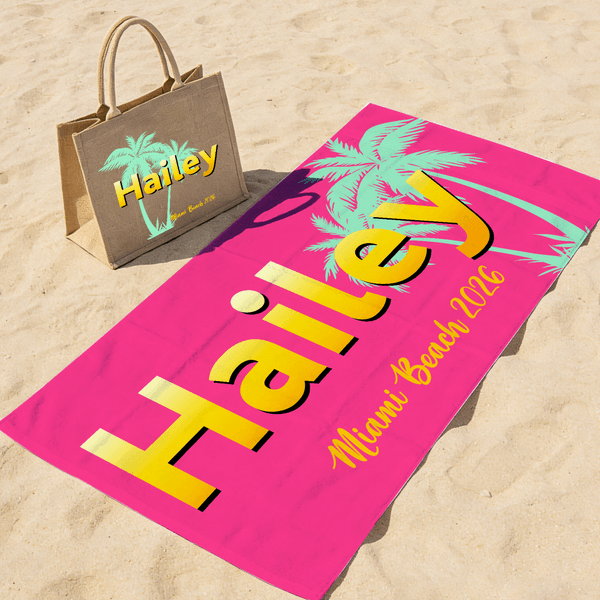 Personalizada Palm Gradiente Nombre Bolsa de Yute Toalla de Playa de Secado Rápido Suave Sobredimensionada con Texto Vacaciones de Verano Fiesta en la Playa Regalo de Cumpleaños para Mujer