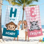 Personalized Cute Animal Initial Quick Dry Oversized Microfiber Beach Towel with Name Travel Essentials Beach Party Gift for Friend Kid