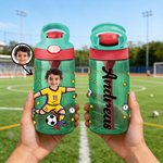Personalised Cartoon Soccer Character Face Photo Name 16 oz Water Bottle with Silicone Straw and Handle Birthday Back to School Gift for Boys Girls