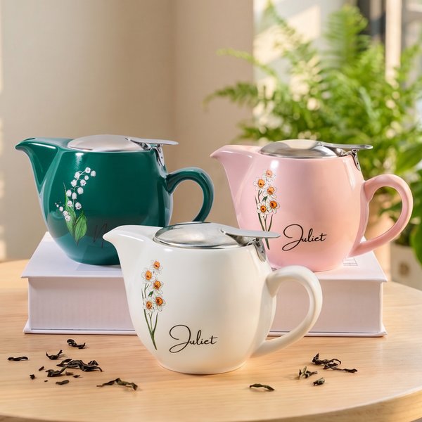 Personalized Birth Flower Ceramic Teapot with Name and Tea-Strainer Birthday Mother's Day Gift for Mom Grandma