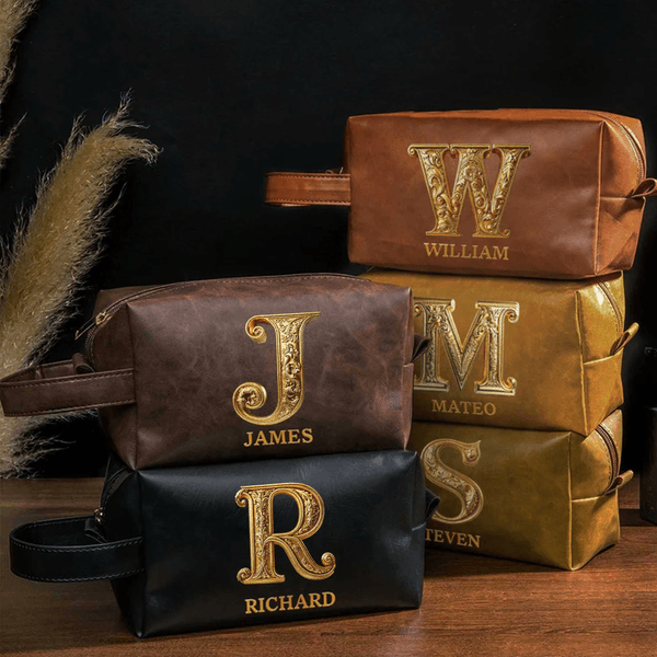 Trousse de toilette personnalisée en cuir PU imperméable avec initiale du nom et poignée Accessoires de voyage Anniversaire Cadeau de fête des pères pour homme Papa