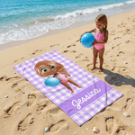 Asciugamano da spiaggia personalizzato a righe con personaggio dei cartoni animati, sovradimensionato e ad asciugatura rapida, con nome Regalo di compleanno per bambini e bambine.