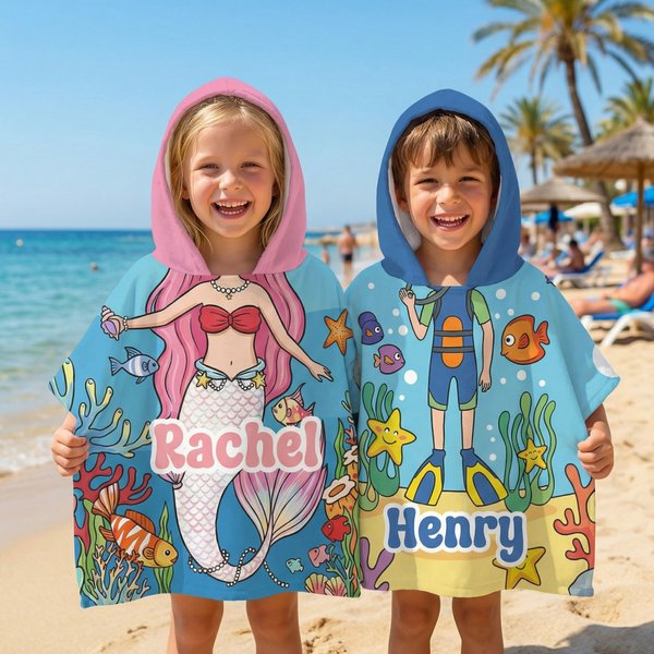 Asciugamano da spiaggia con cappuccio personalizzato con nome Principessa sirena Dinosauro subacqueo Accessori da spiaggia piscina Regalo di compleanno per ragazzi ragazze