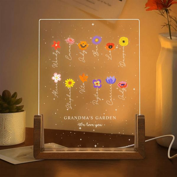 Veilleuse LED en acrylique personnalisée avec 1-12 noms Titre Texte et base en bois Cadeau de Fête des Mères pour Maman Grand-mère