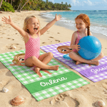 Asciugamano da spiaggia personalizzato a righe con personaggio dei cartoni animati, sovradimensionato e ad asciugatura rapida, con nome Regalo di compleanno per bambini e bambine.