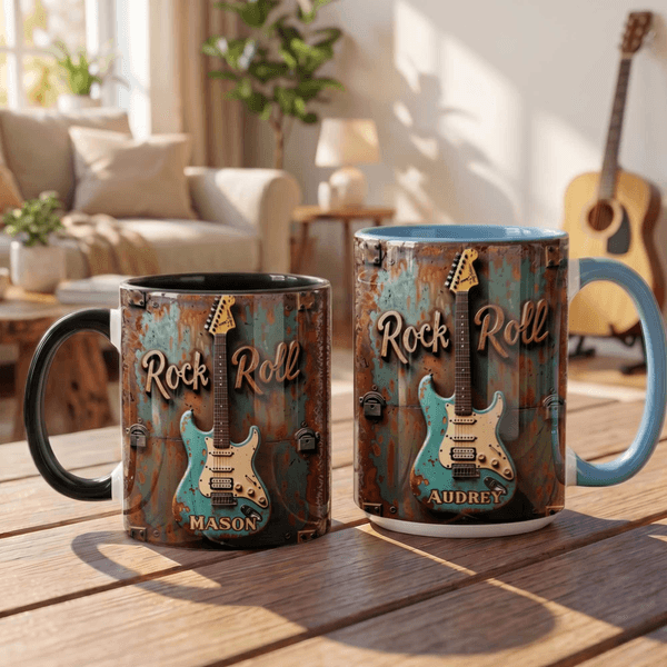 Taza de cerámica personalizada con nombre Guitarra de Rock 11 oz 15 oz Regalo de cumpleaños de uso diario para los amantes de la guitarra