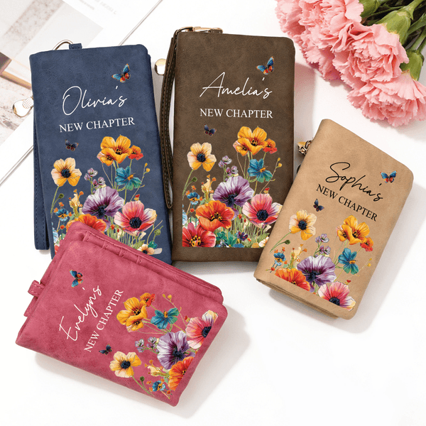 Personalizado Nuevo Capítulo Floral Mariposa Portátil PU Cartera de cuero con nombre y pulsera de jubilación Cumpleaños de regalo para las mujeres