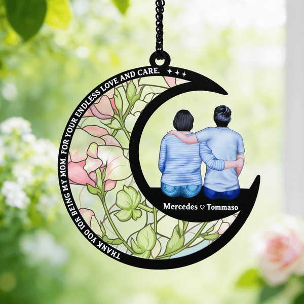 Personalisieren Geburt Blume Cartoon Mama Kinder zurück Ansicht Mond-förmigen Suncatcher mit Namen Fenster hängen Home Decor Muttertag Geschenk für Mama Oma